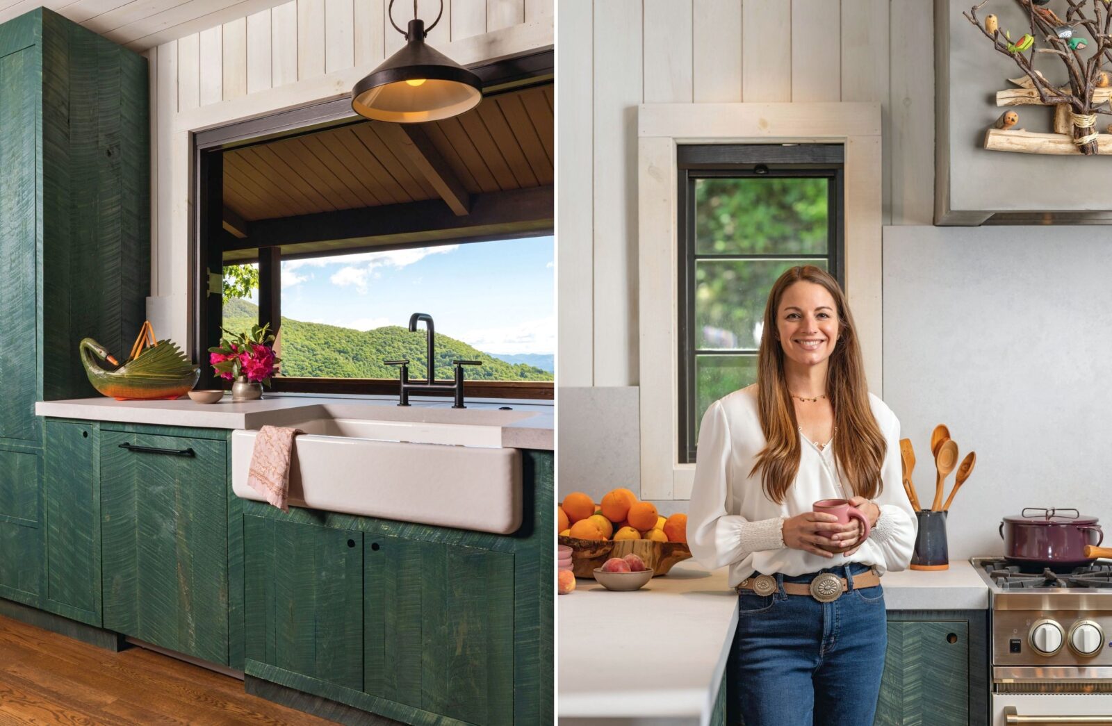Green cabinets in a kitchen with a view of the mountains; a woman stands in a kitchen