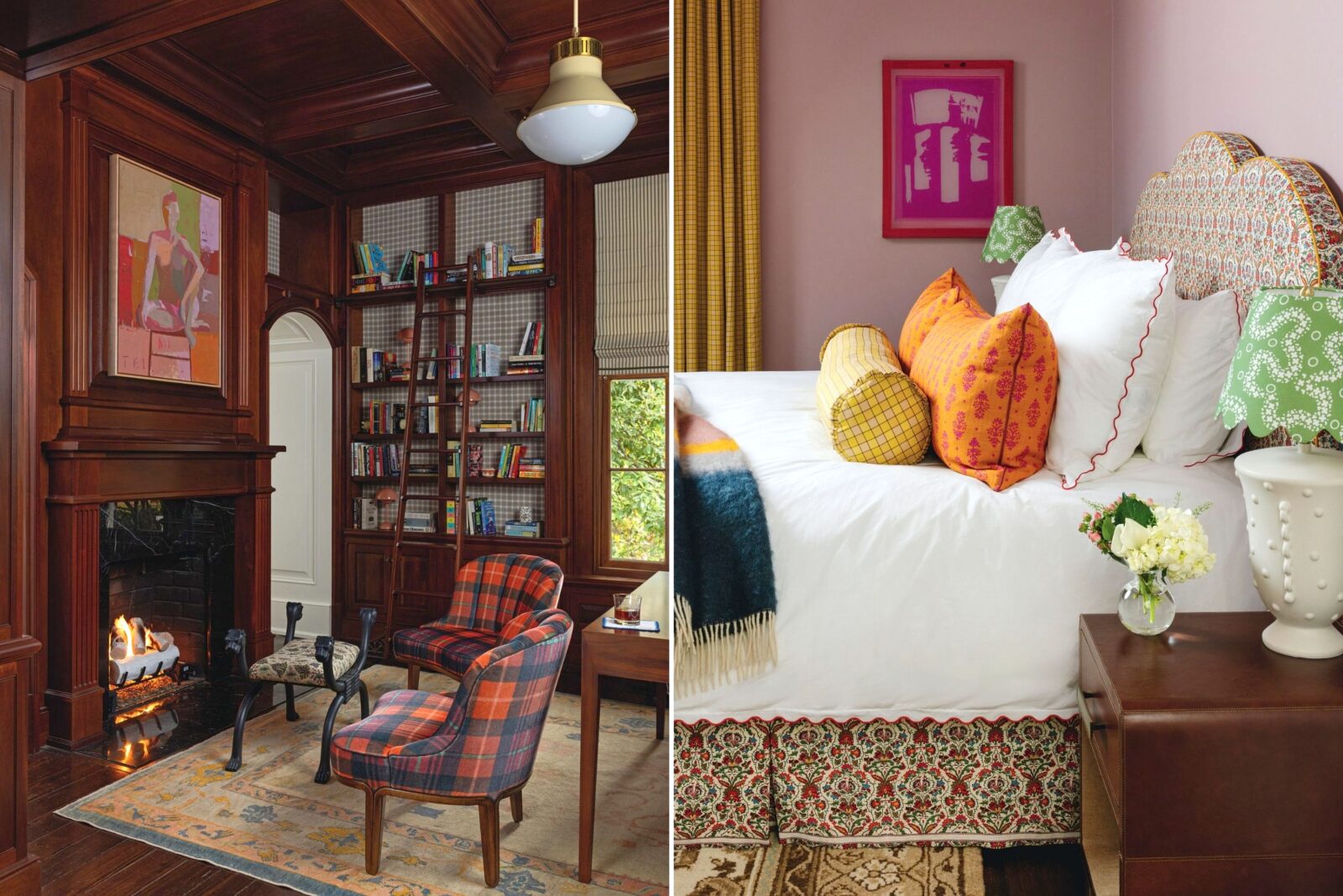 Plaid wallpaper and chairs in a library; a bedside with bright pillows and a pink wall