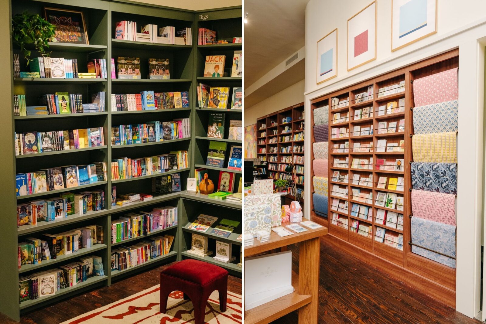A kids book section; wrapping paper on dowels on the wall
