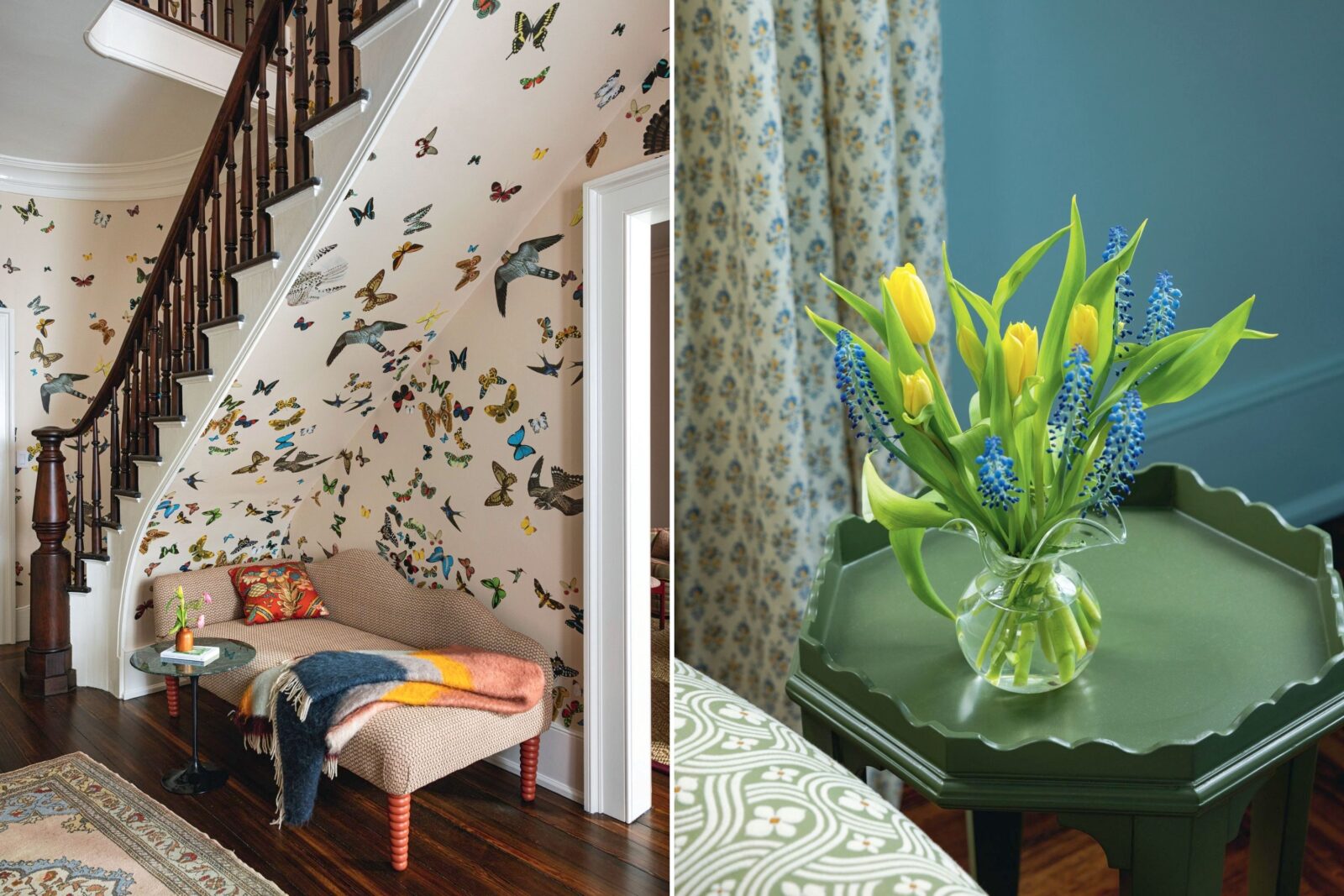 A staircase with bird wallpaper; yellow tulips at a bedside