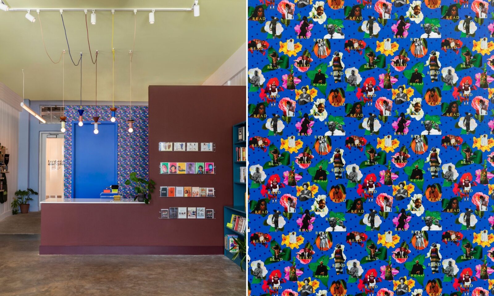 A bookshop counter; a detail of colorful floral wallpaper
