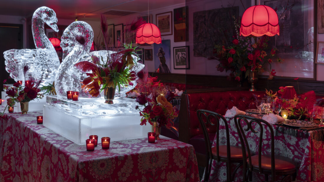 Swan ice sculptures on a table