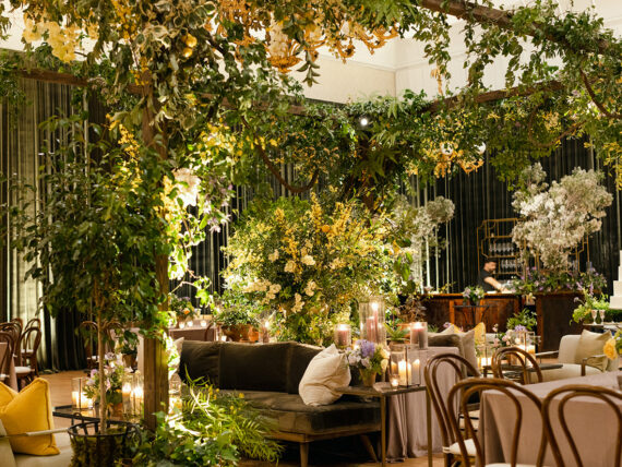 Florals and plants among tables and places to sit