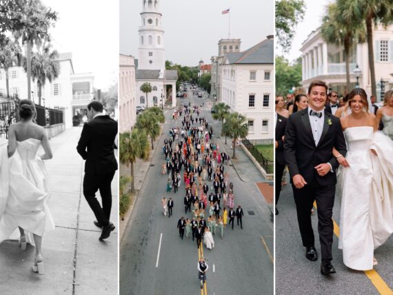 A collage of three photos of a wedding party walking through the street