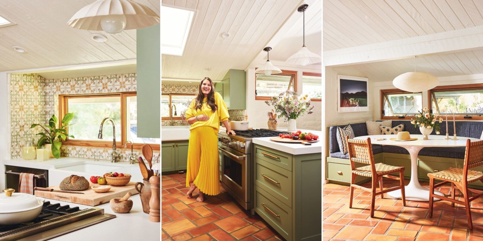 A collage of three images: Loaves of bread on a counter in a kitchen; a woman in a yellow outfit stands in a kitchen with green cabinets; a kitchen nook with a booth.