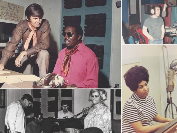 A collage: Clockwise, from top left: Rick Hall and Clarence Carter at FAME; Paul Simon at Muscle Shoals Sound Studio; Aretha Franklin at FAME; Etta James at FAME.
