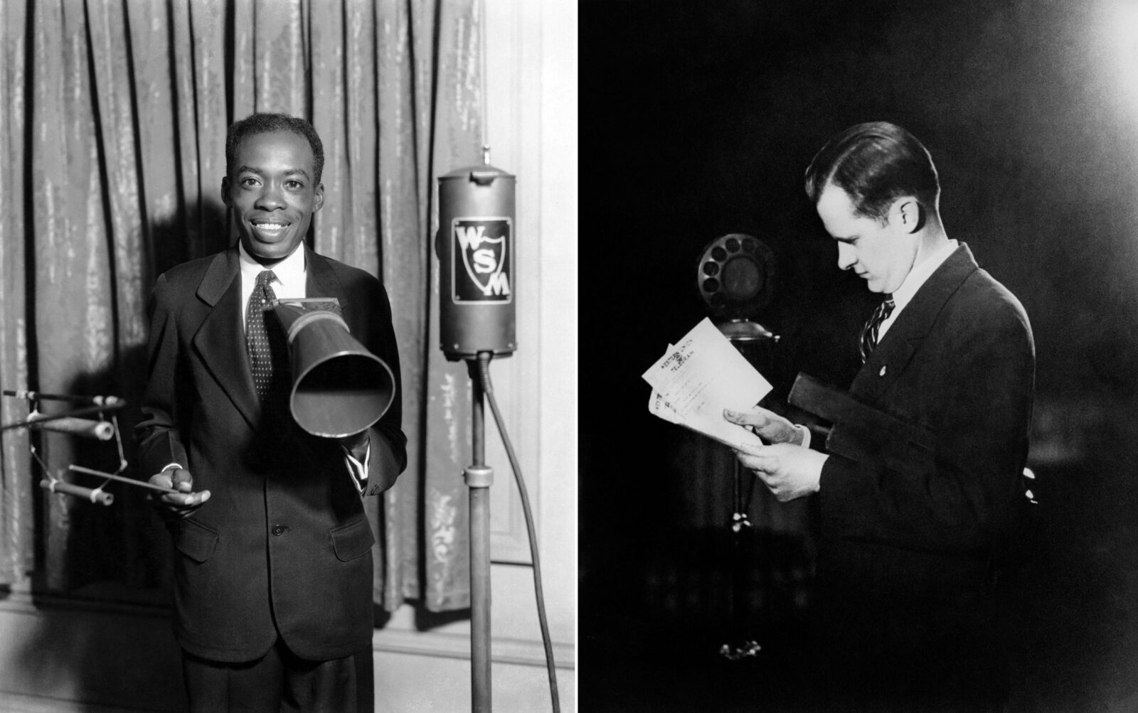 A portrait of a man with a harmonica; a portrait of a man reading