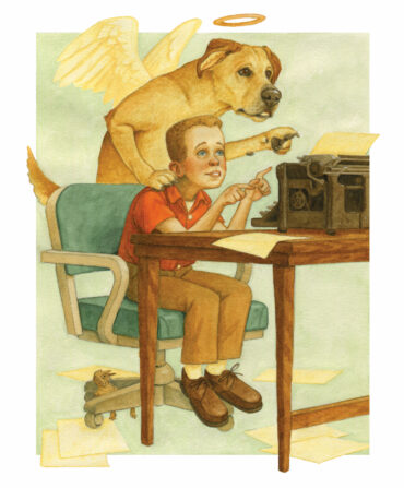 An illustration of a dog behind a boy at a typewriter
