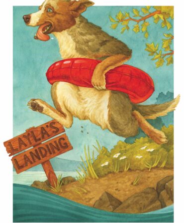an illustration of a dog with a life buoy jumping into water
