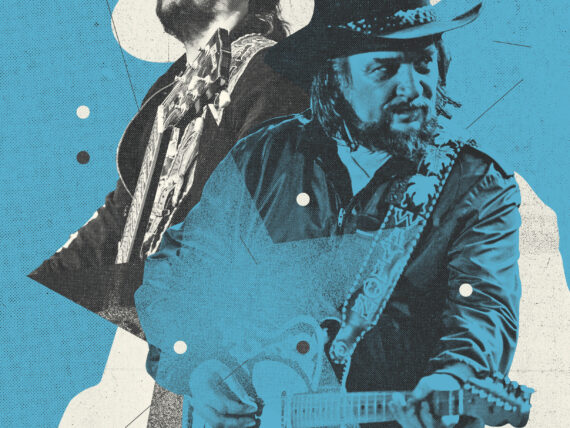 A photo illustration on white, black, and blue of two men