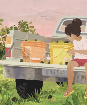 An illustration of a little girl sitting on the back of a truck with buckets of walnuts in an orchard