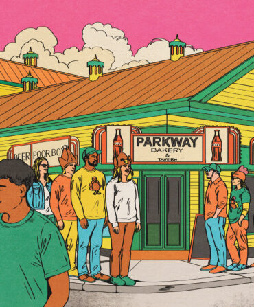 An illustration of people dressed in Thanksgiving turkey costumes waiting in line at a restaurant