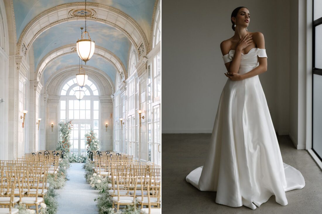 Two photos: An aisle in a room with a blue ceiling, a woman in a wedding dress