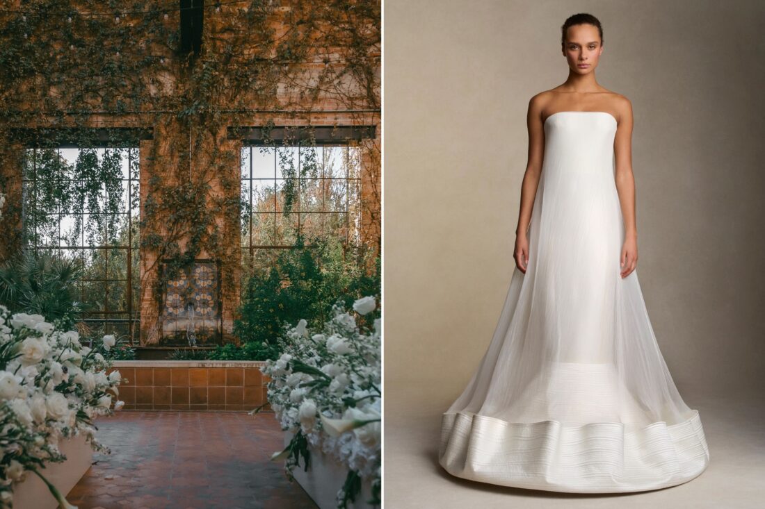Two photos: An aisle lined with white flowers, a woman in a wedding dress