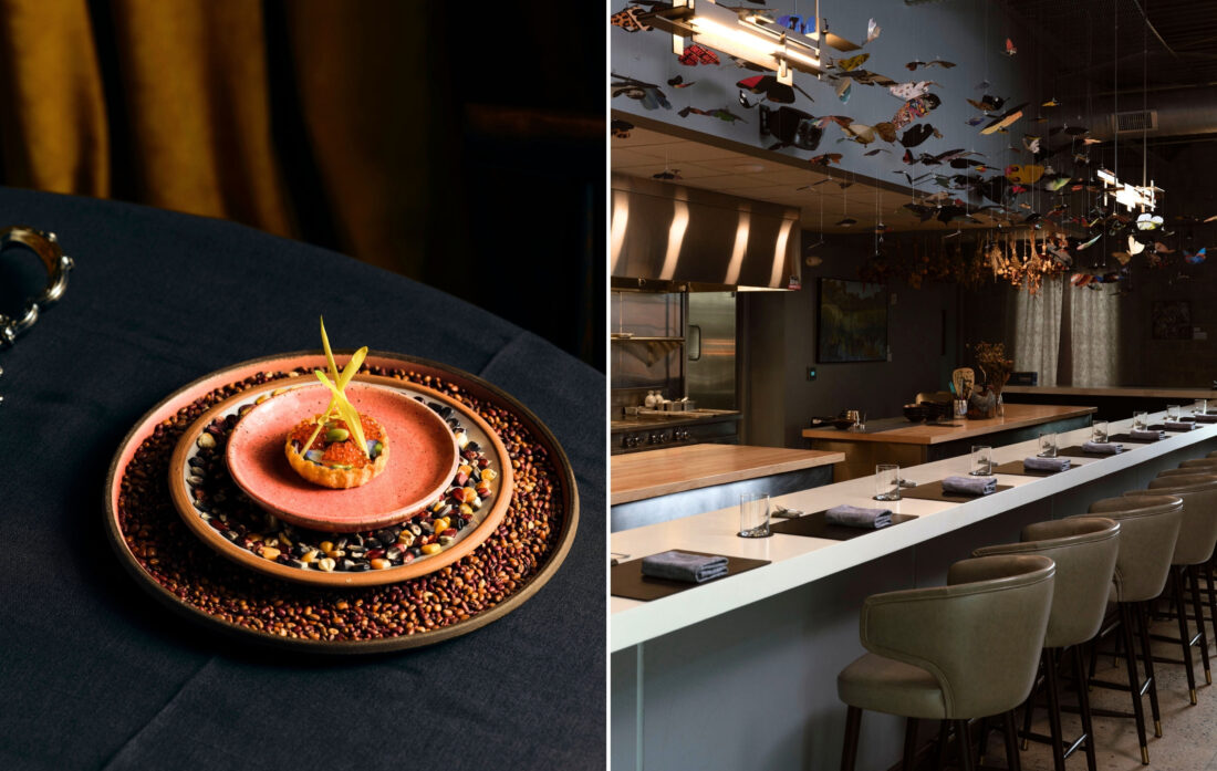 a dish with trout roe; a bar counter