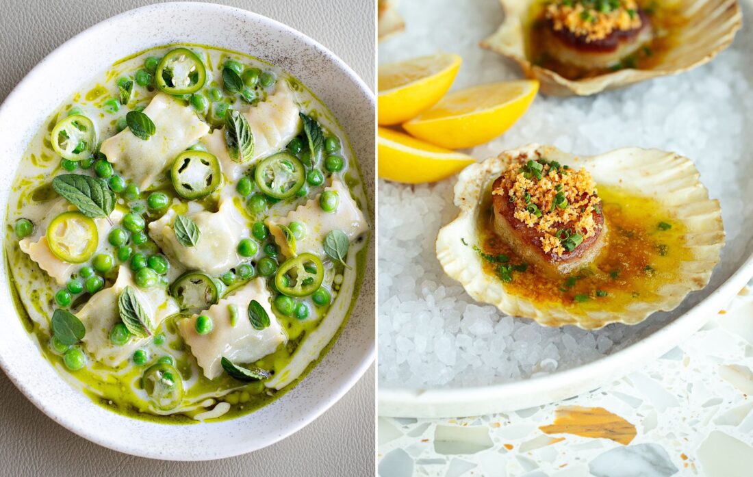 Agnolotti with English peas, gorgonzola and serrano peppers