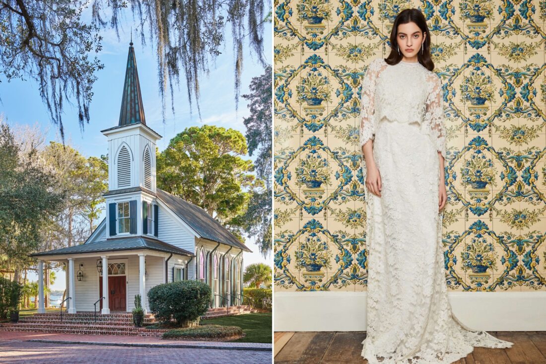 Two photos: The exterior of a chapel, a woman in a wedding dress