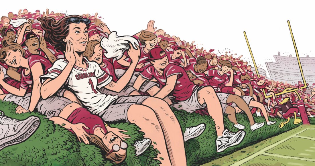 An illustration of people rushing a football field