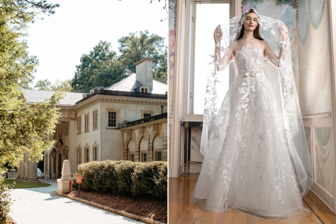 Two photos: The exterior of a historic mansion, a woman in a wedding dress