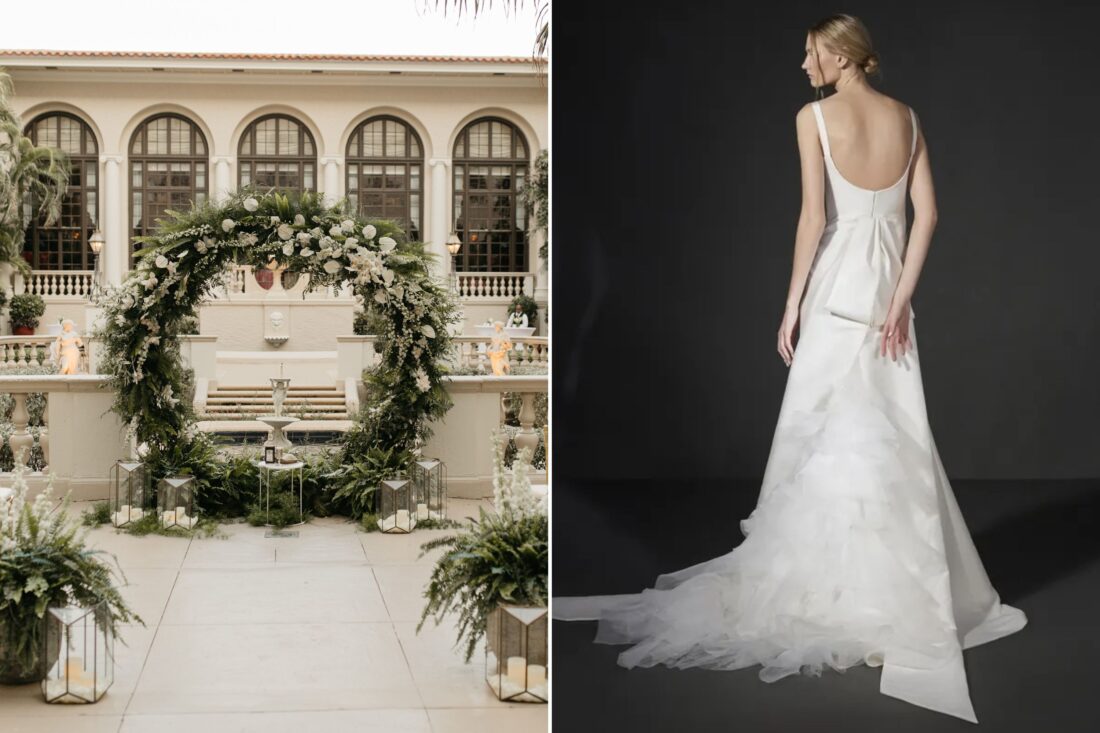 Two photos: An aisle with a circular floral arch at the end, a woman in a wedding dress