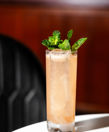 A light orange cocktail in a highball glass