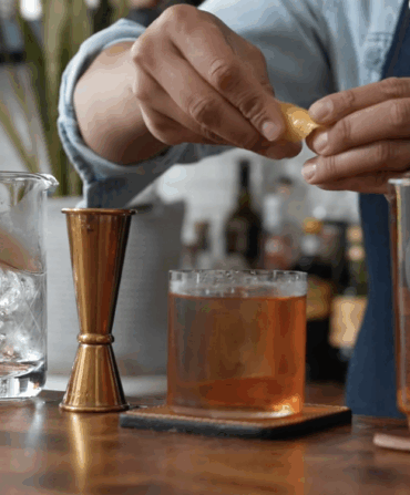 A person makes an old fashioned