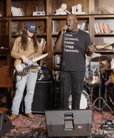 A band performs in a library