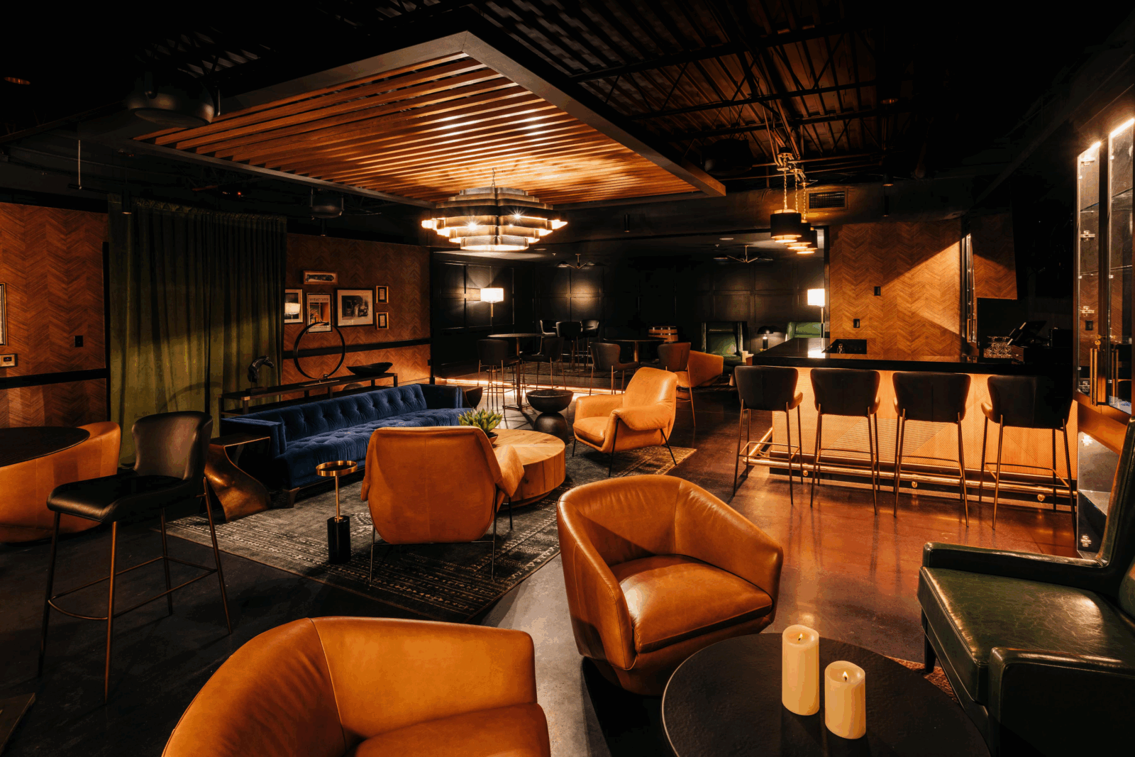 Inside a bourbon bar with leather seats